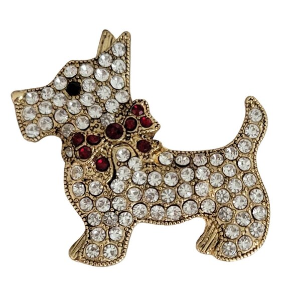 Monet Gold Tone Rhinestone Schnauzer Scottie Dog Brooch Pin, Signed K02 - Picture 2 of 8